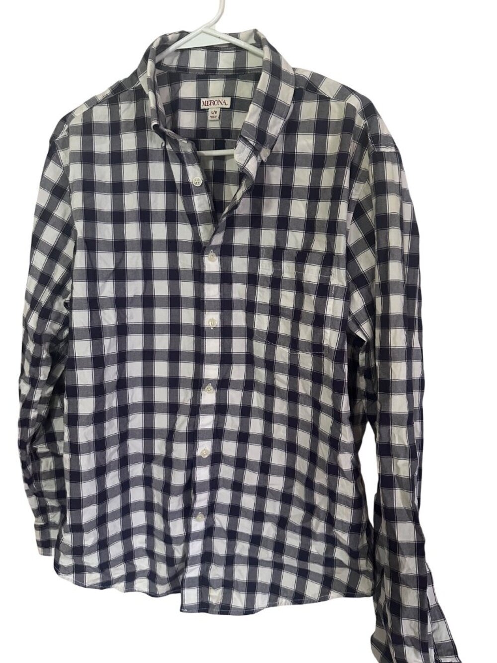 Merona blue and white check cotton button up shirt size L
